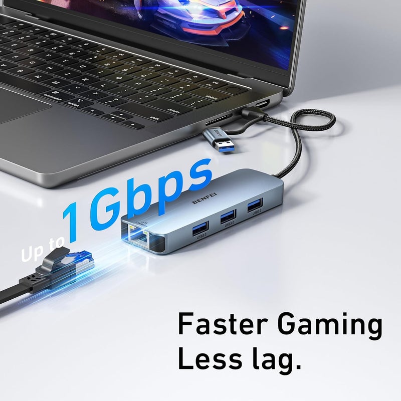 Benfei USB-C USB 3.0 to Gigabit Ethernet Adapter, 3-Port USB 3.0 Hub with RJ45 Compatible with MacBook Pro/Air 2023, iPad Pro, iMac, S23, XPS 17, Surface Book 3 and More - Image 4